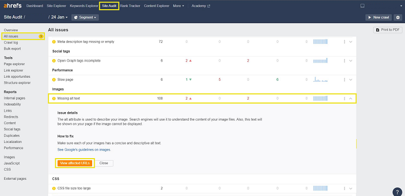 ahrefs technical seo issues: missing alt tag