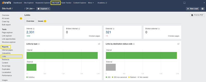 ahrefs technical seo issue: link reports