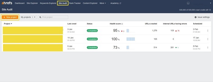 Ahrefs Site Audit new project