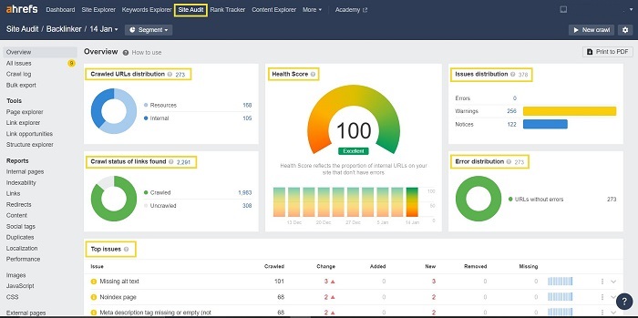 Ahrefs Site Audit overview