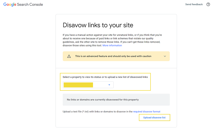 Search Console disavowed link list upload